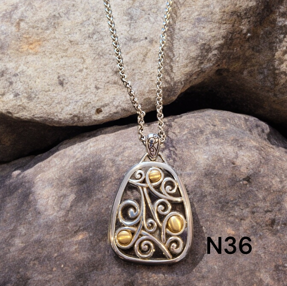 BRIGHTON Elegant 2-Tone Silver and Gold Swirl Pendant Necklace Reversible